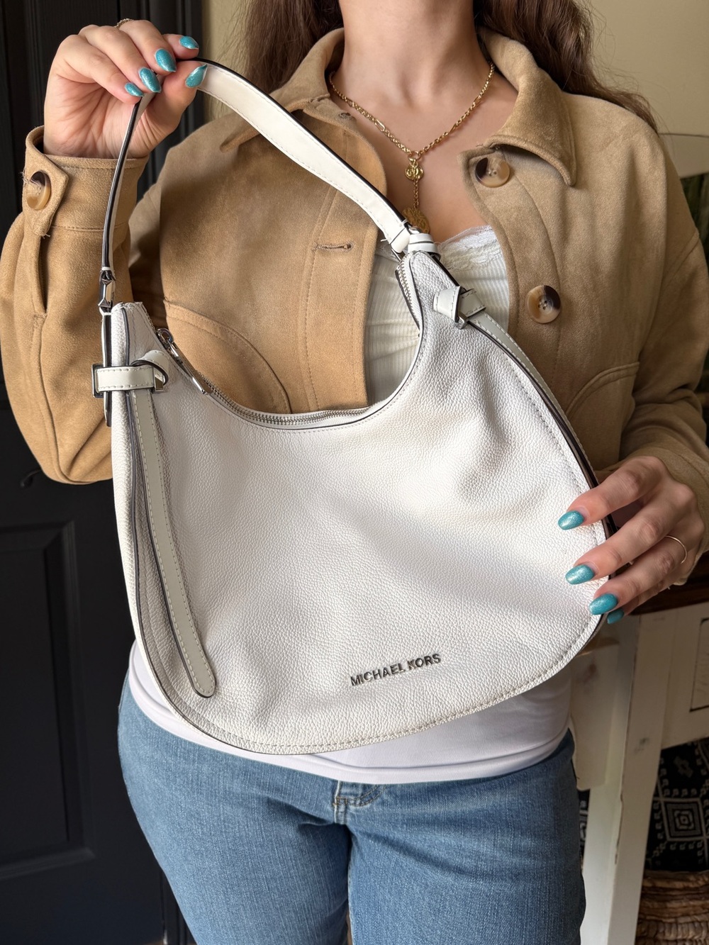 Michael Kors White Pebbled Leather Hobo Bag